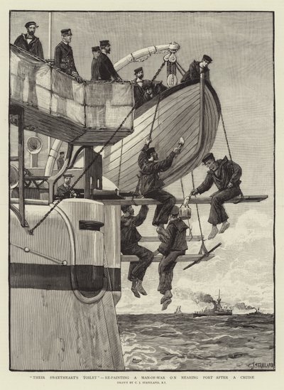 Het toilet van hun geliefde, het opnieuw schilderen van een oorlogsschip bij het naderen van de haven na een cruise door Charles J. Staniland